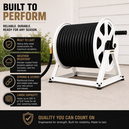 Black hose on a white reel with features listed on a beige background