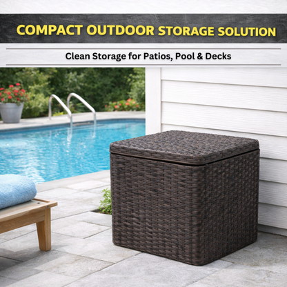 Decorative outdoor hose storage box made of resin wicker in patio setting
