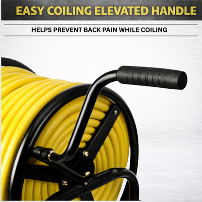 Industrial-duty metal hose reel cart with four wheels and 400 ft hose capacity for heavy outdoor use