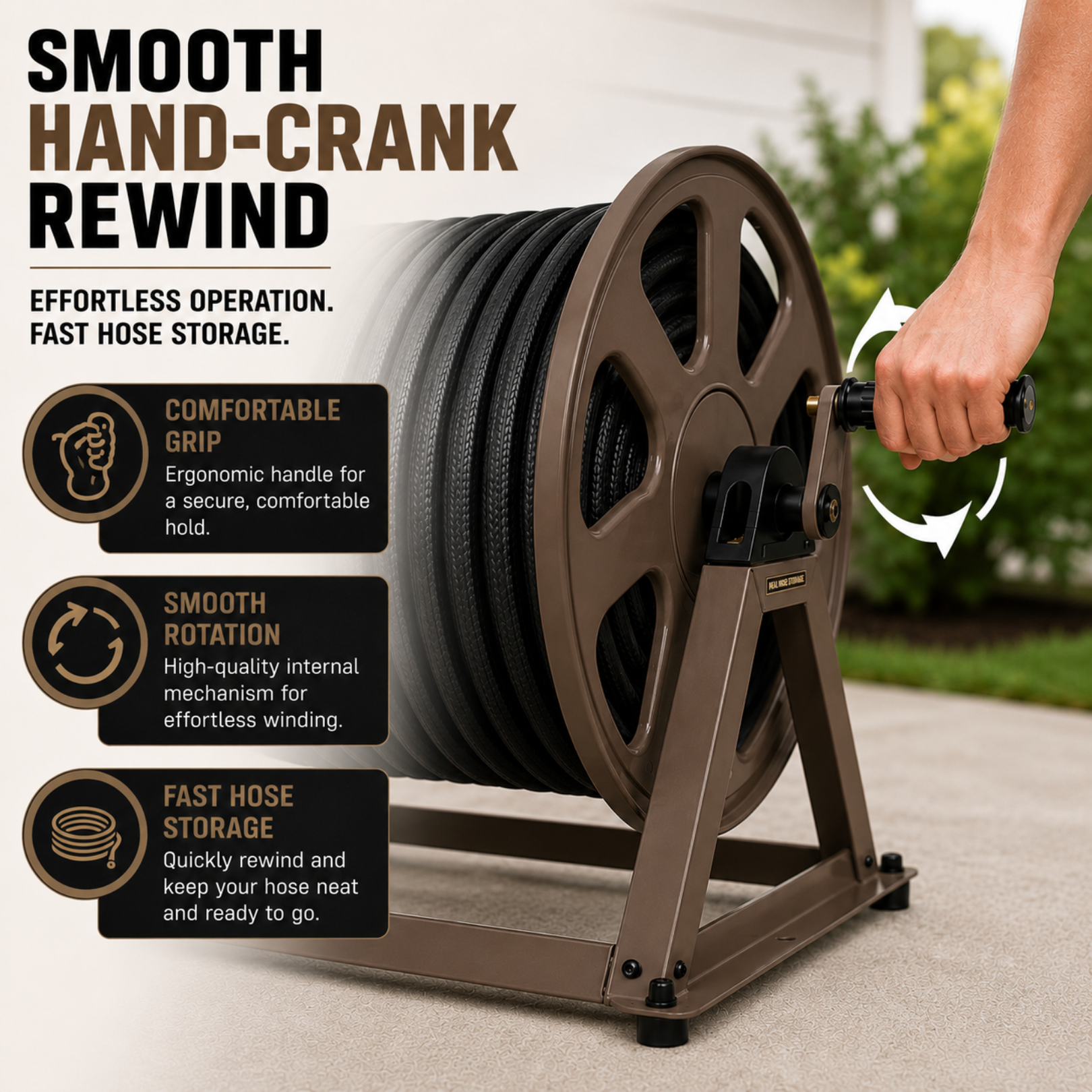 Hand-crank hose reel with text highlighting features like smooth hand-crank rewind, comfortable grip, smooth rotation, and fast hose storage.