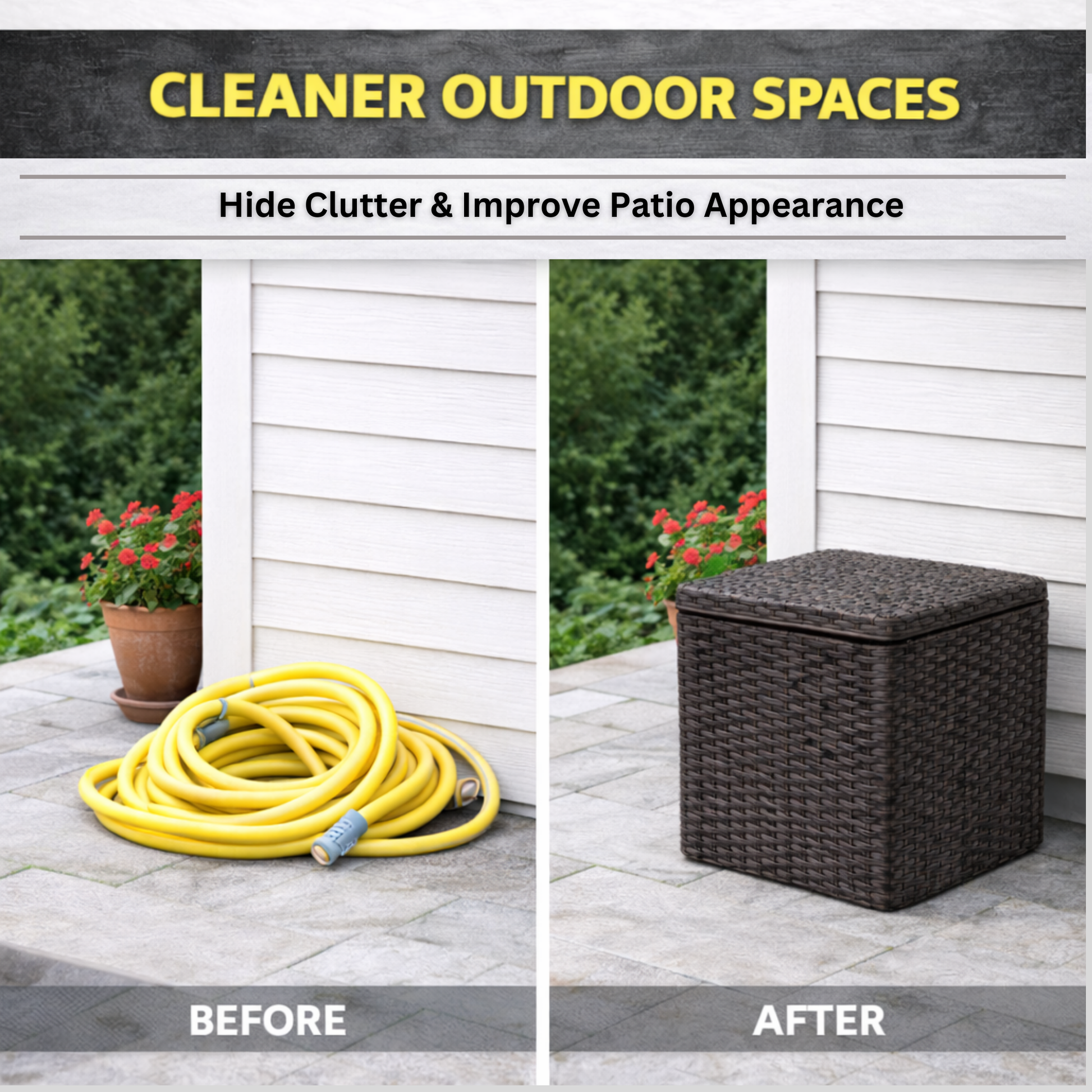 Decorative outdoor hose storage box made of resin wicker with 200 ft hose capacity”