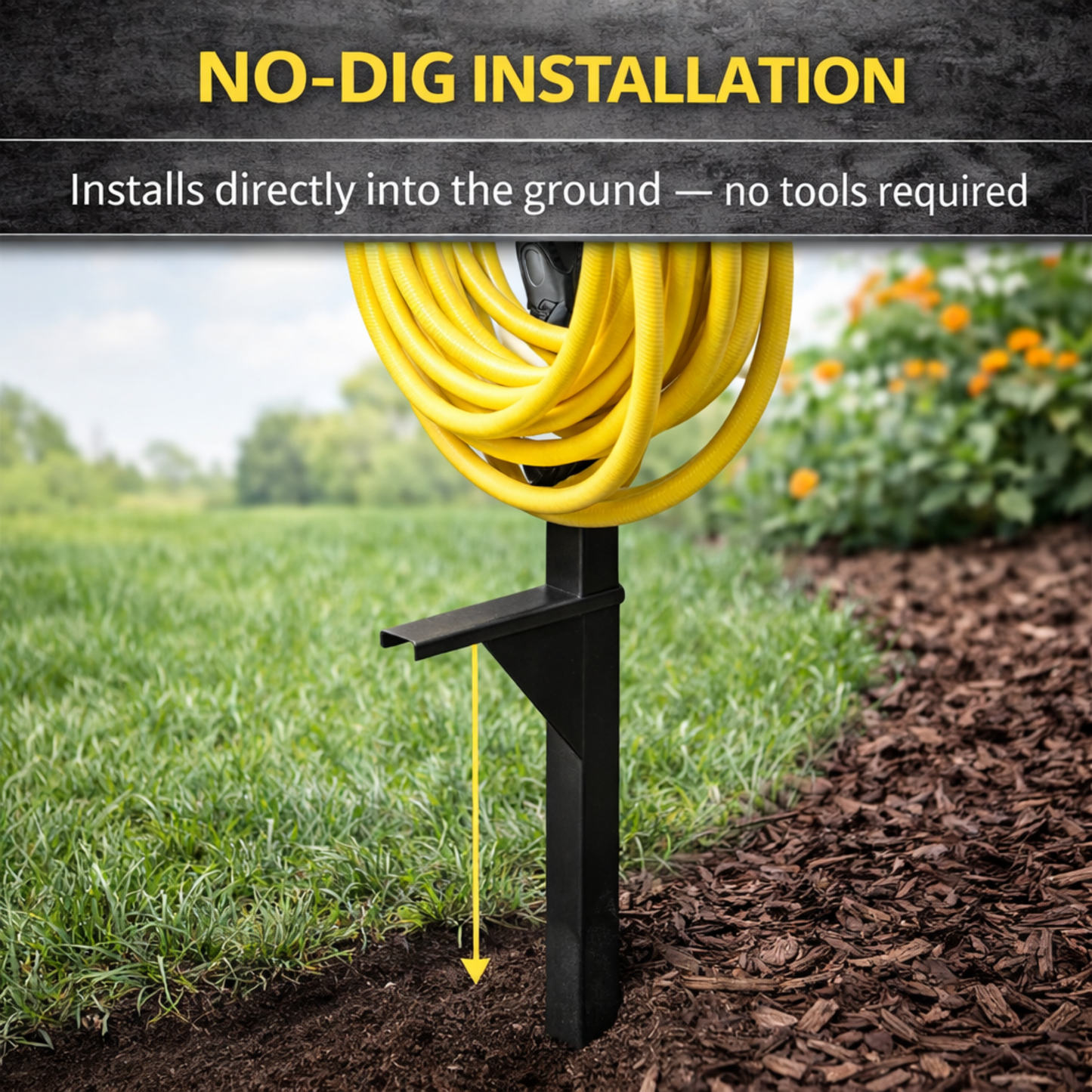 Durable steel hose hanger with vertical post supporting up to 125 ft hose capacity