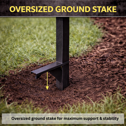 Steel garden hose hanger with post designed for organized storage of 125 ft hose