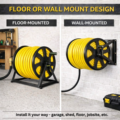 Metal hose reel mount for wall or floor use with 200 ft garden hose capacity