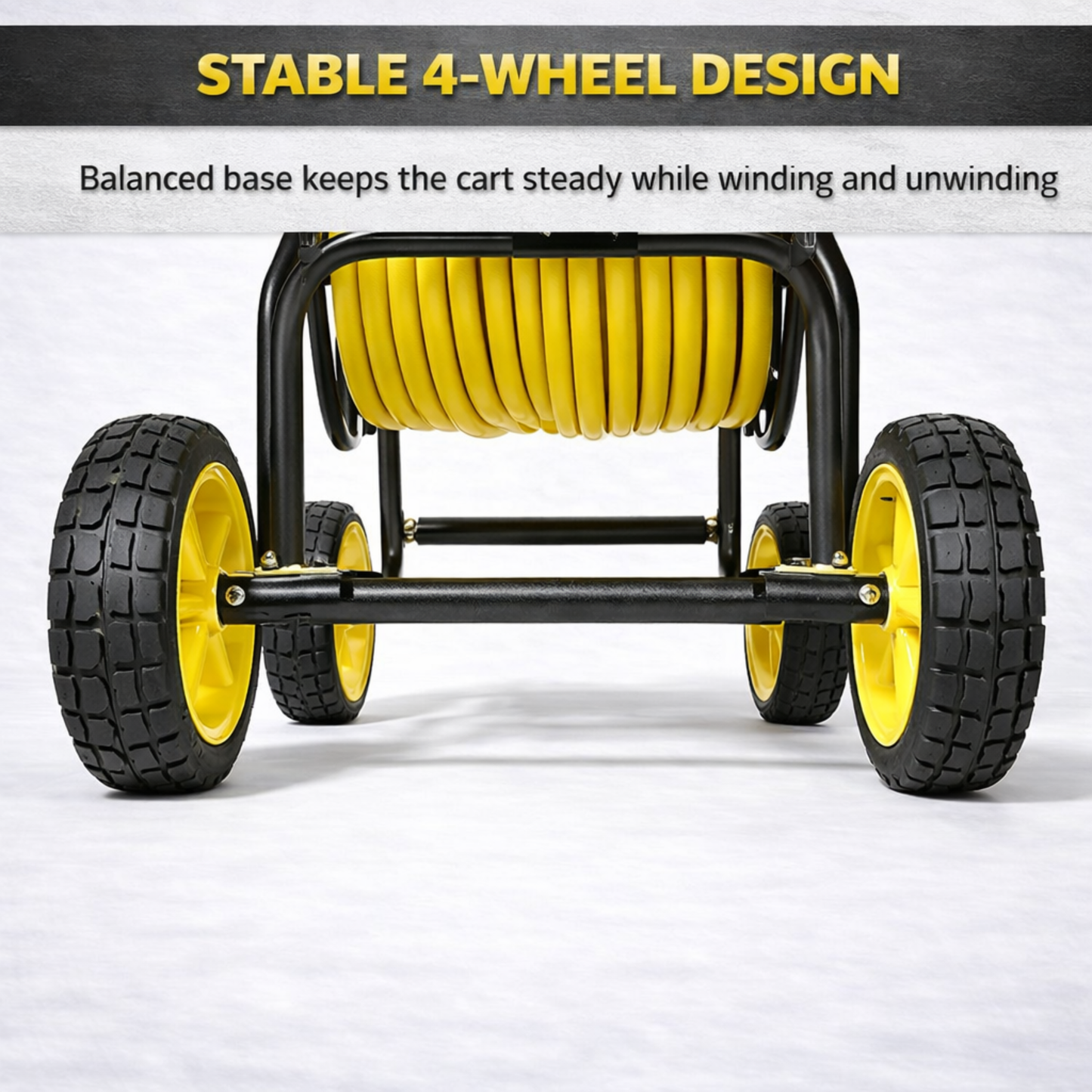 Industrial-duty metal hose reel cart with four wheels and 400 ft hose capacity for heavy outdoor use