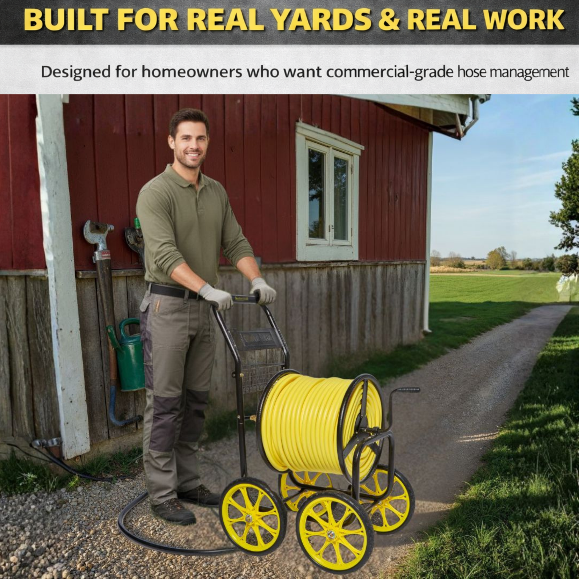 Heavy-duty hose reel cart with 400 ft hose capacity and upright handle for improved user comfort