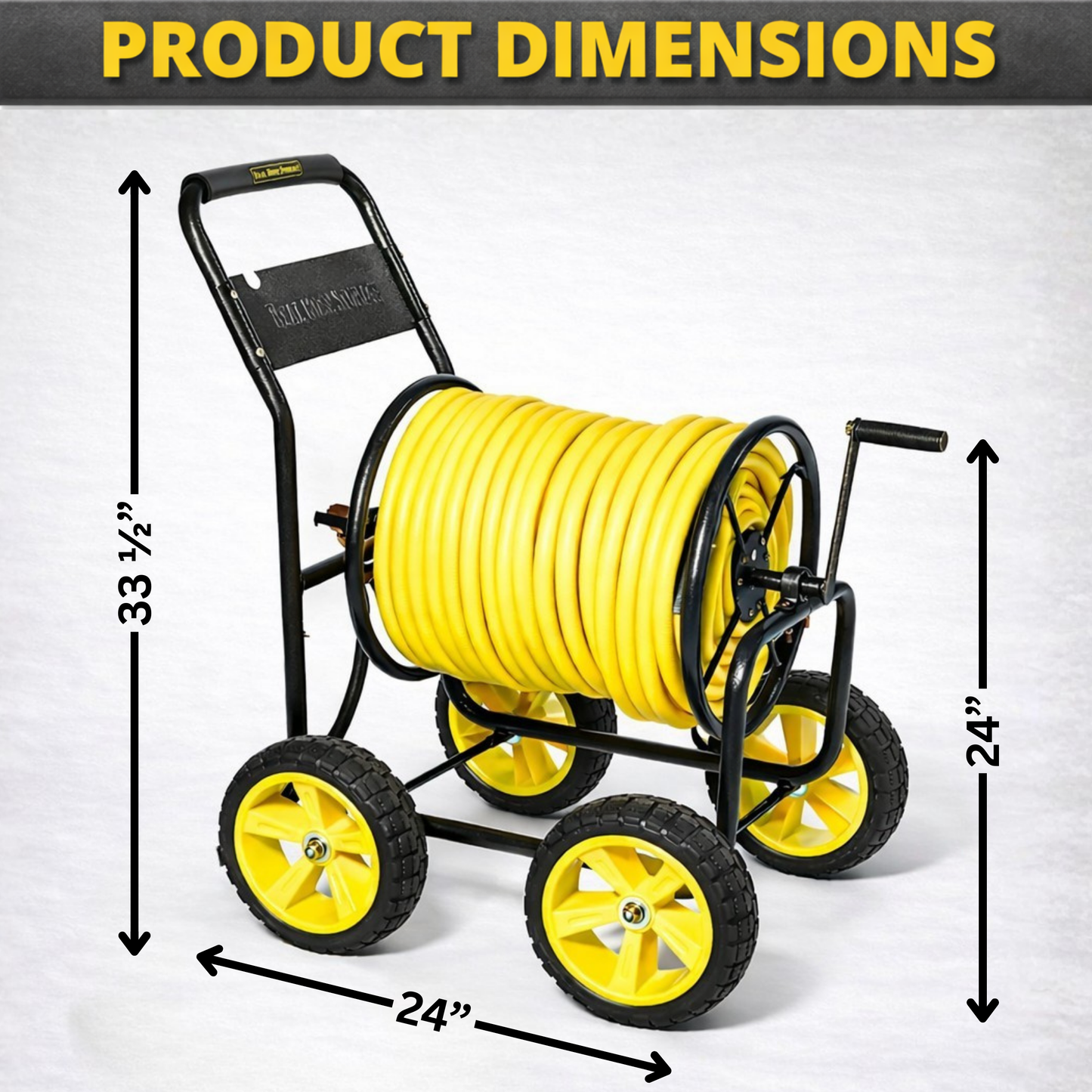 Metal garden hose reel cart with 4-wheel stability and space for 250 ft hose