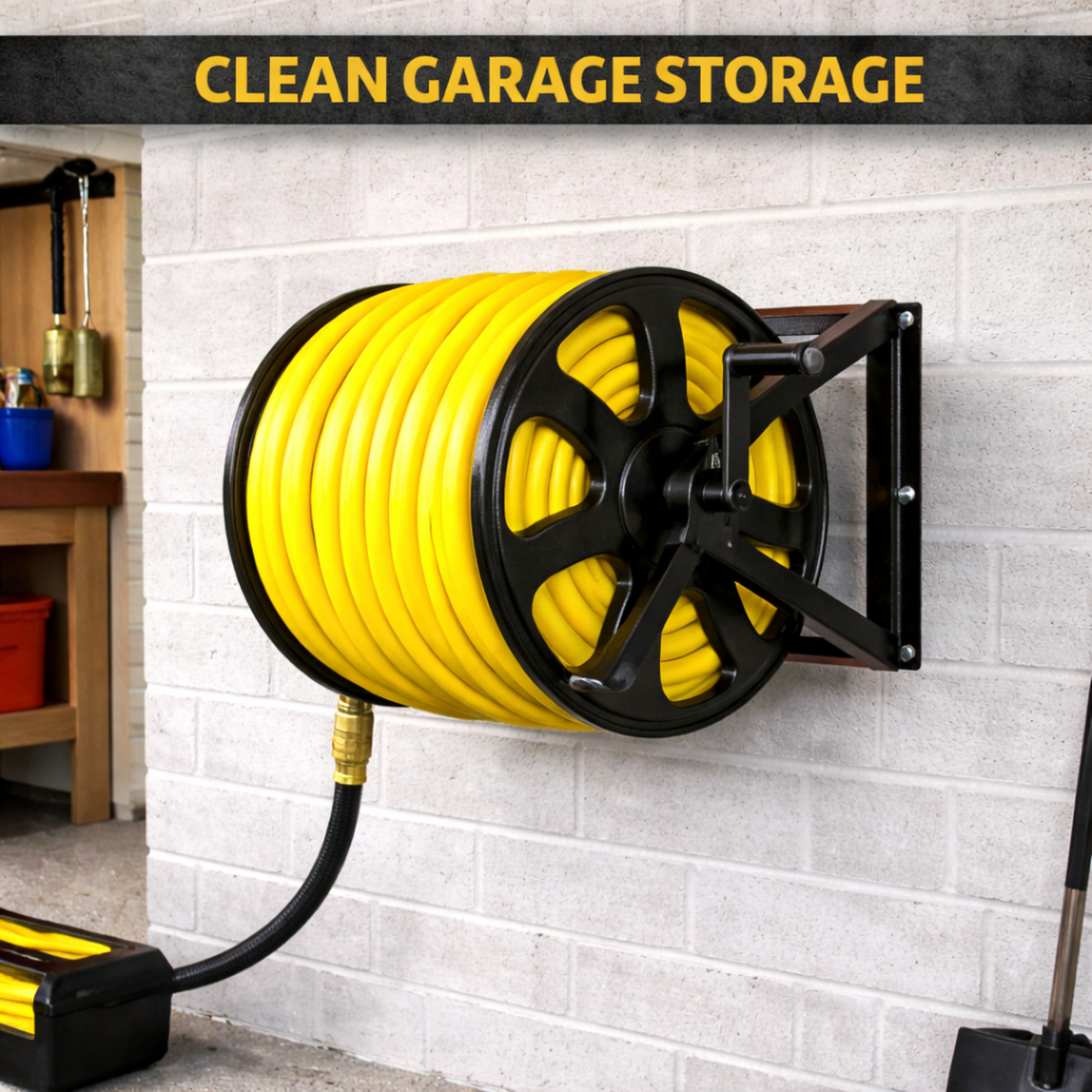 Garden hose reel mount with dual mounting options and 200 ft hose capacity