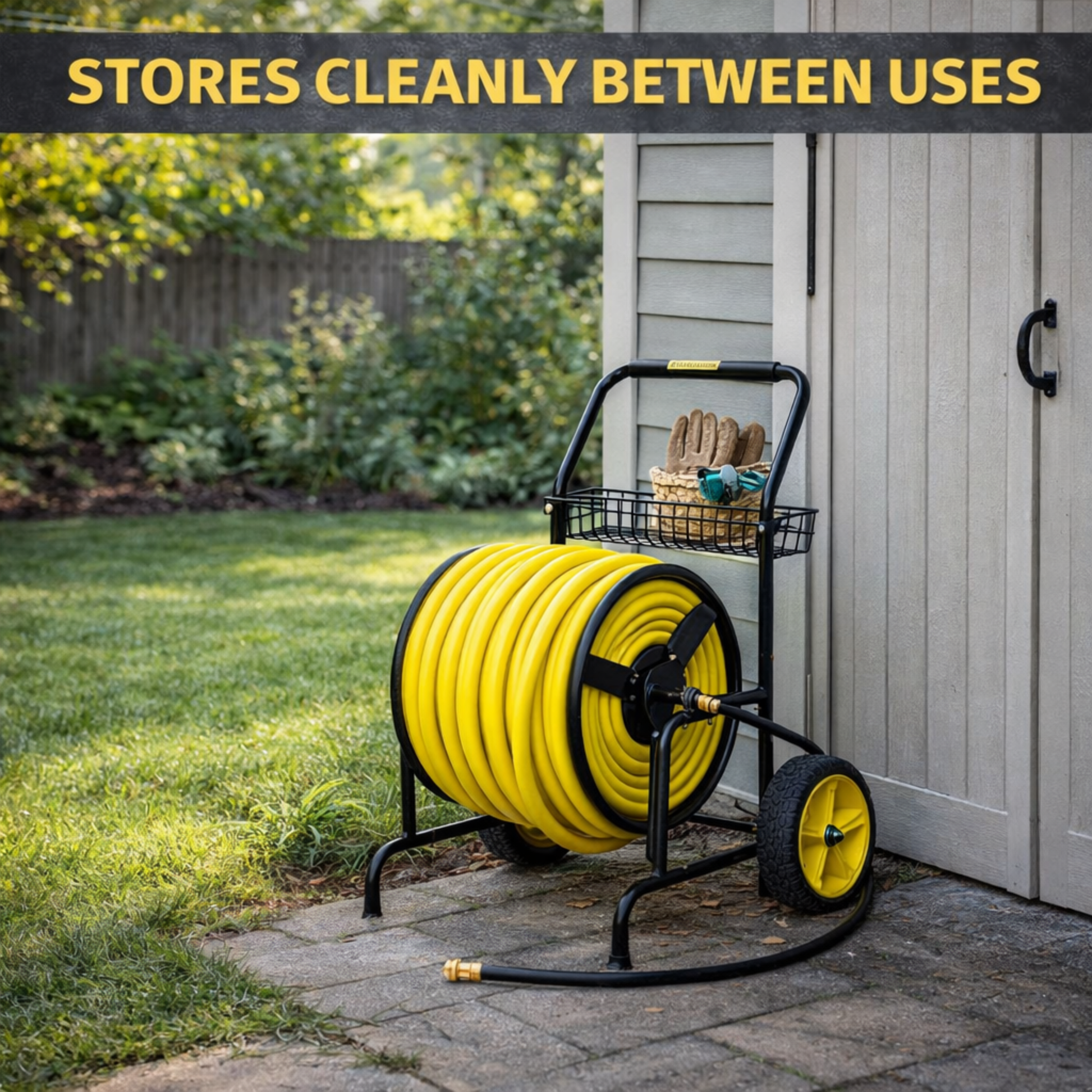 Residential and commercial hose cart with two wheels and 300 ft garden hose capacity
