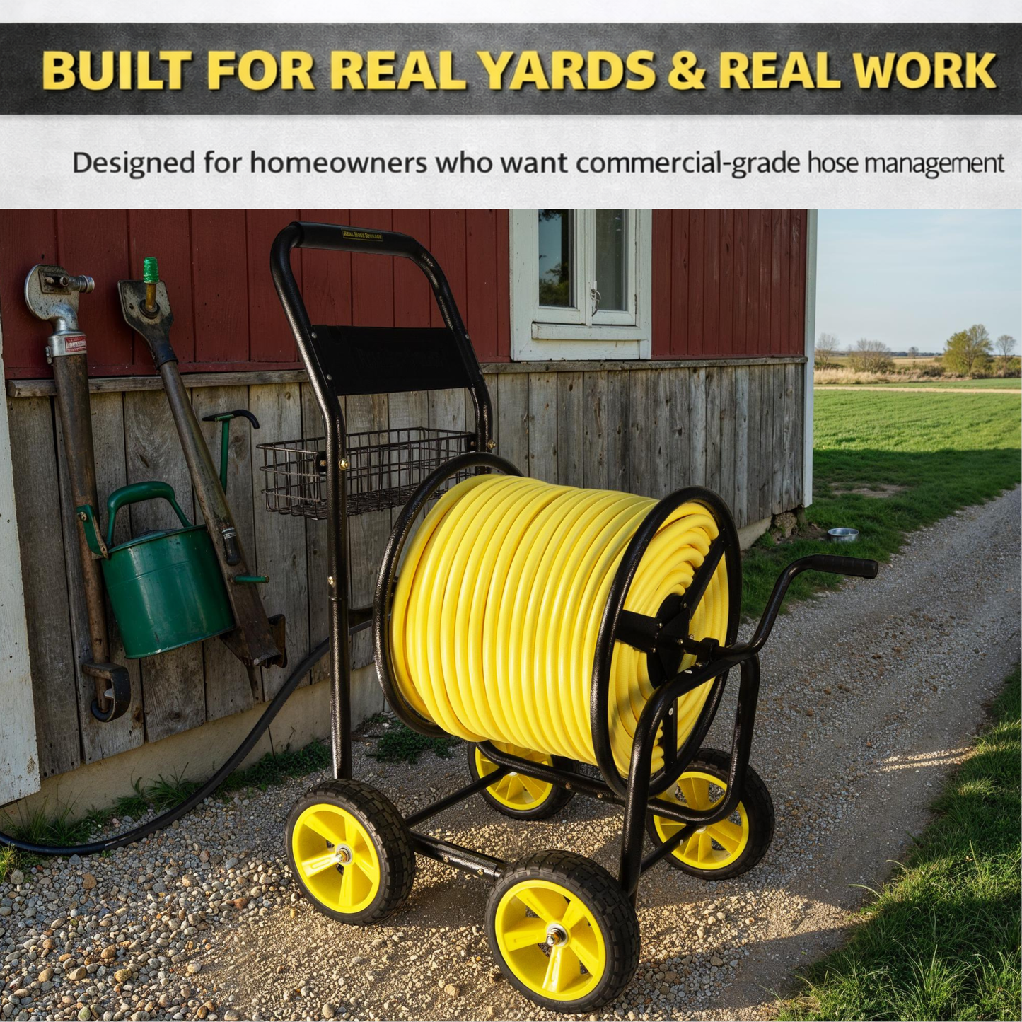 Heavy-duty industrial hose reel cart built for up to 400 ft of garden hose with rolling steel frame
