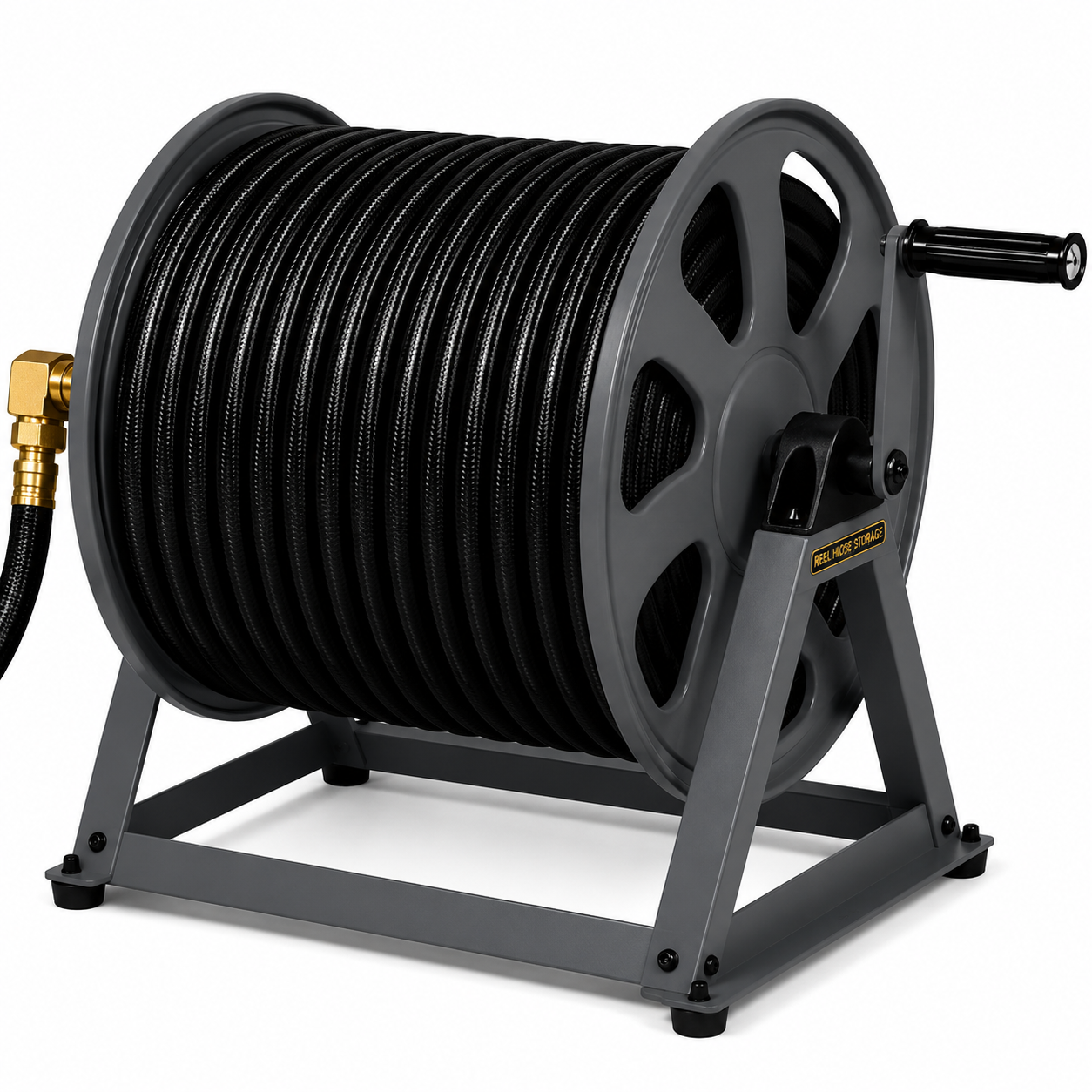 Black hose reel with a stand on a white background
