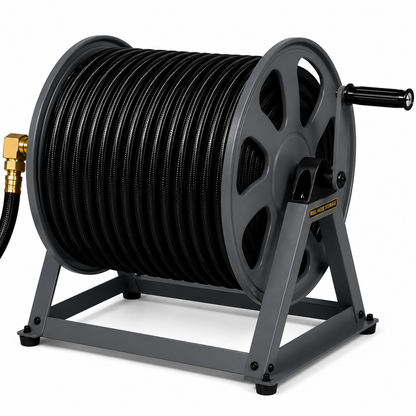 Black hose reel with a stand on a white background