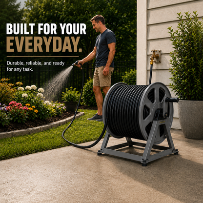 Man using a garden hose with a reel in a backyard setting, with text about durability and reliability.