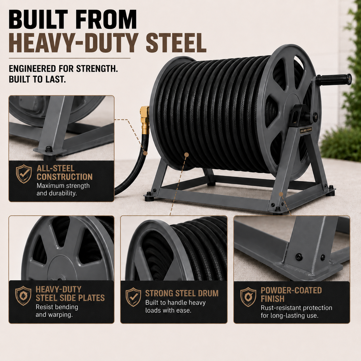 Heavy-duty steel hose reel with features highlighted on a beige background