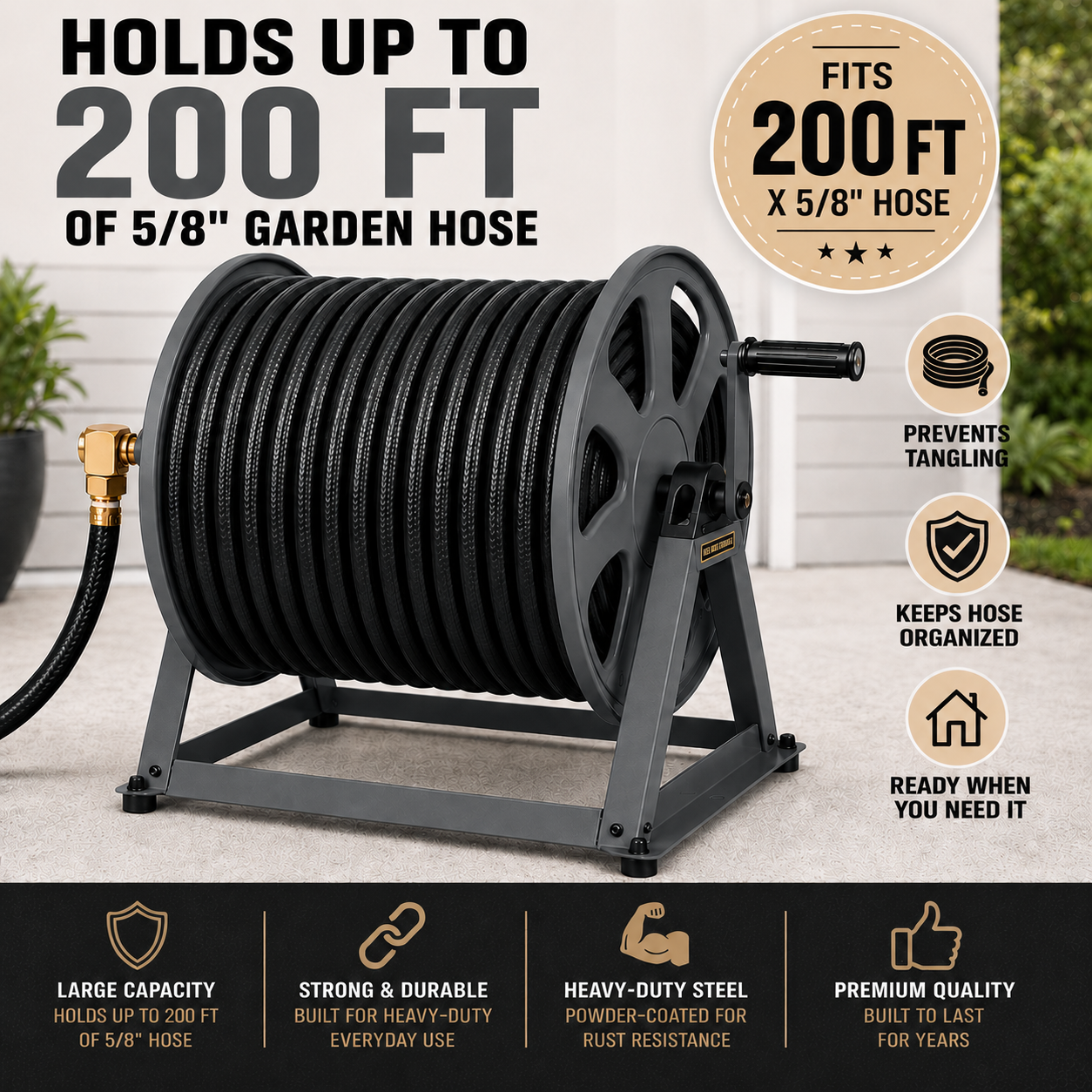 Black garden hose reel with features highlighted on a white background