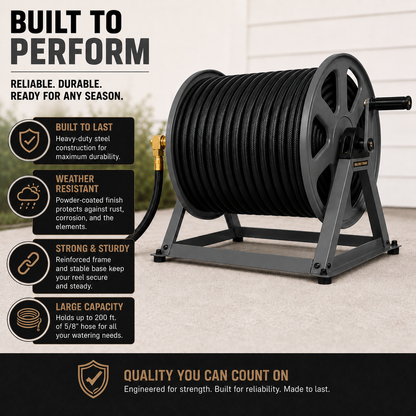 Black metal hose reel with features highlighted on a white background