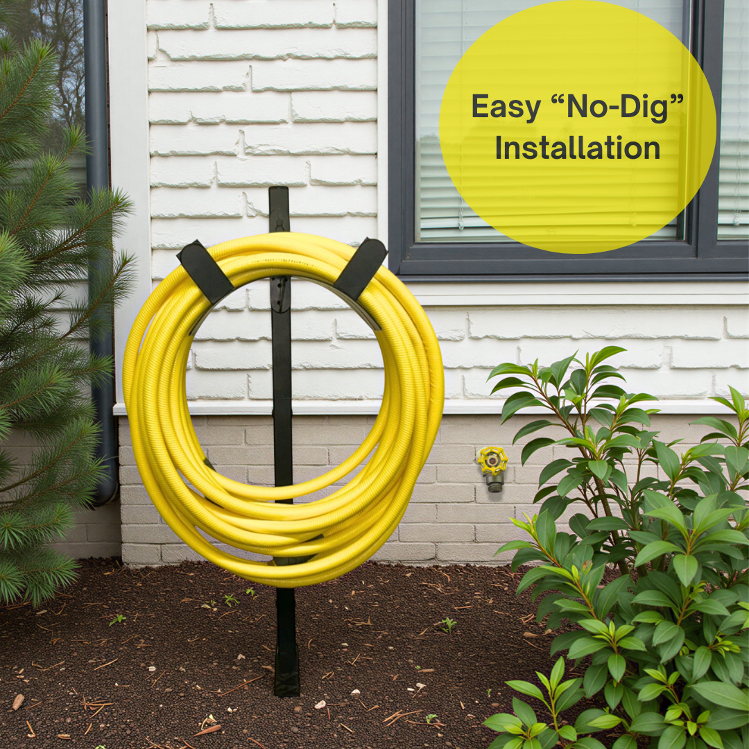 backyard garden hose hangers with posts for residential home use