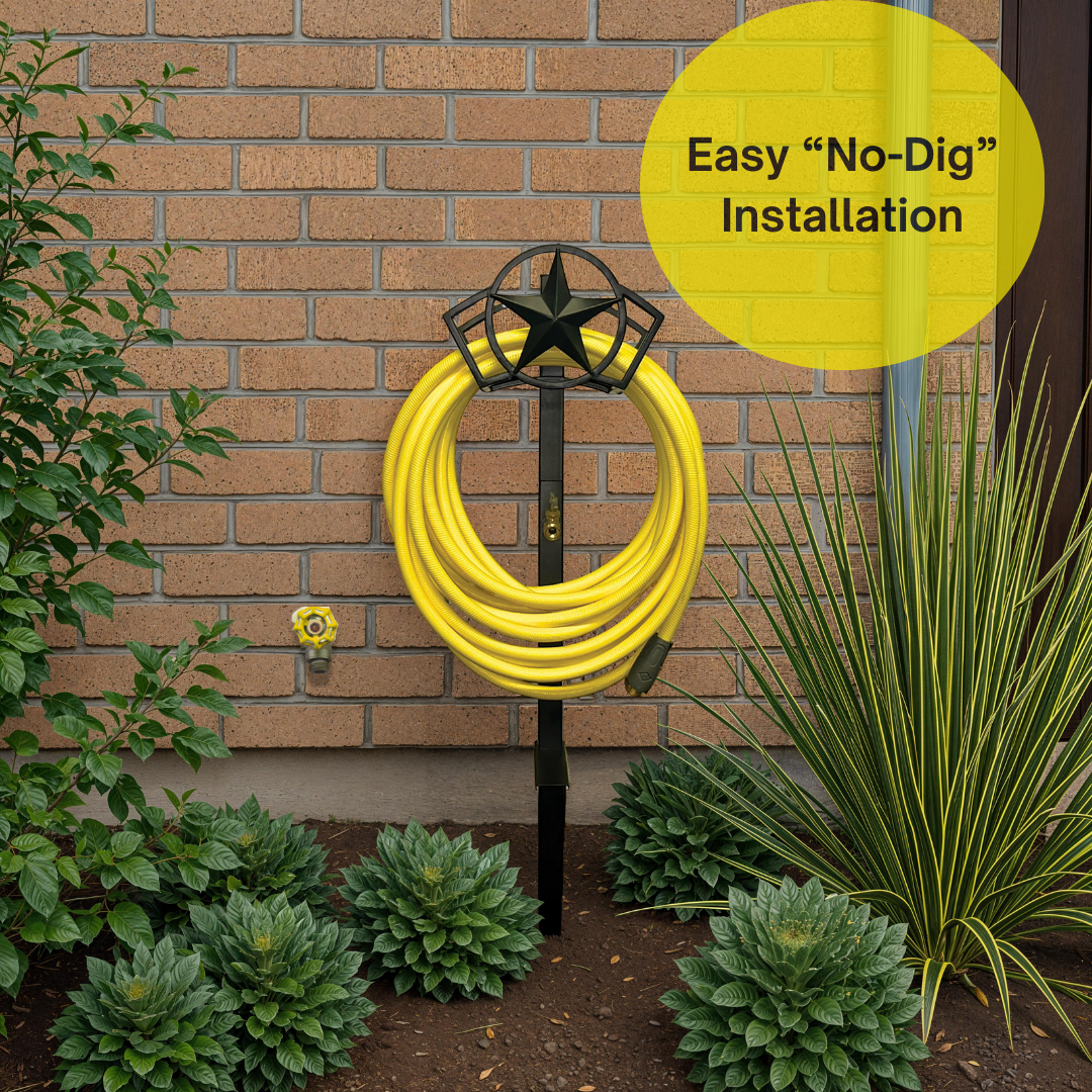 backyard garden hose hangers with posts for residential home use