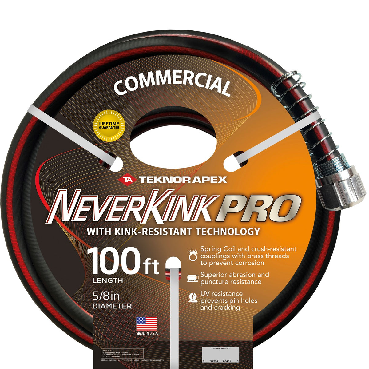 Teknor Apex Neverkink PRO commercial duty 5/8 in x 100 ft garden hose in retail packaging